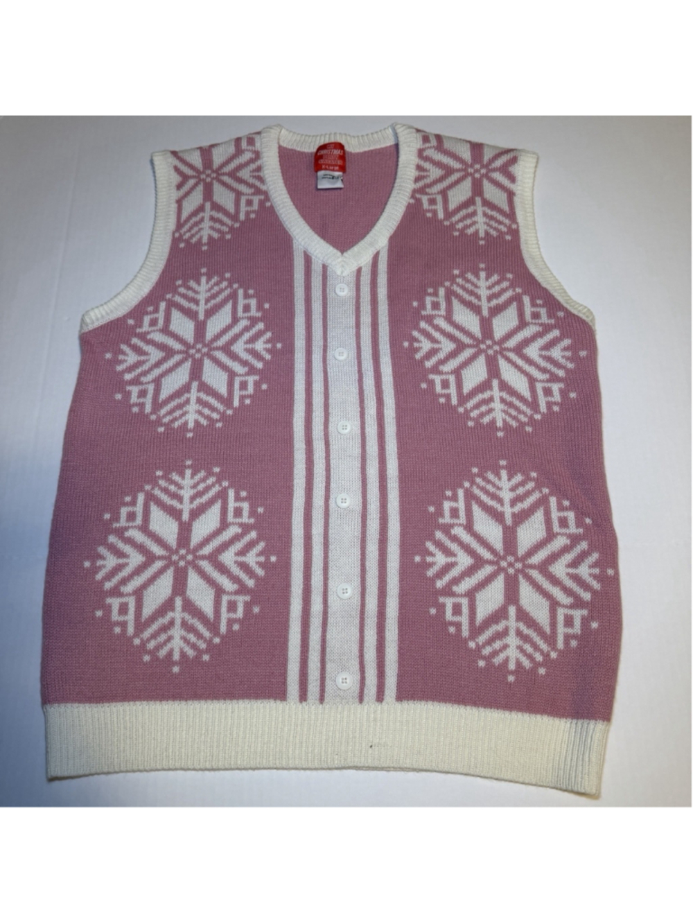 Pink and White Ugly Christmas Sweater Vest with snowflake pattern sz xl